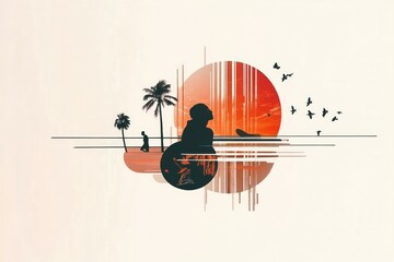 Serene Mindscape: Palm Trees and Setting Sun within a Female Silhouette