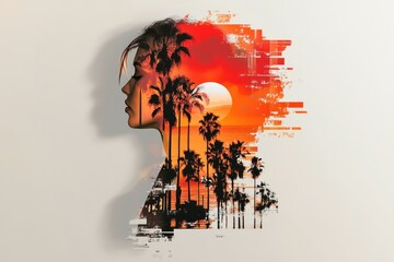 Serene Mindscape: Palm Trees and Setting Sun within a Female Silhouette