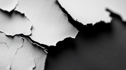 Abstract black and white layered textures with torn edges create a dramatic and dynamic composition