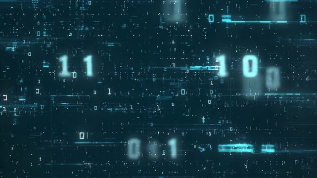 Digital binary code with floating numbers on dark background  
