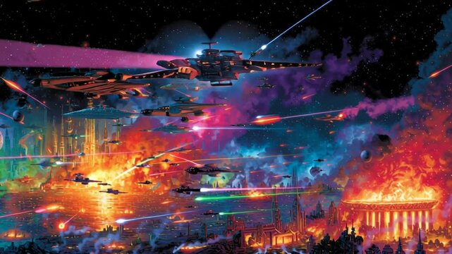Epic Space Battle Unfolds Above a Futuristic City at Night Generative AI