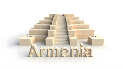 3d illustration of Tatev Monastery with the word 'Armenia' beneath. Mountain backdrop and historic feel on white background.