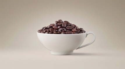 Overflowing white cup of roasted coffee beans set against a simple beige background