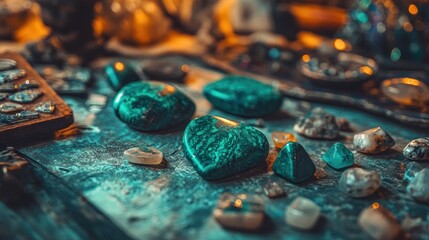 Mystical Teal Gemstones Collection: A captivating display of vibrant, heart-shaped malachite and other precious stones.