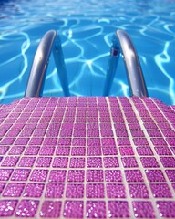 Textured blue pool water surrounded by vibrant pink tile accents for a stunning aesthetic