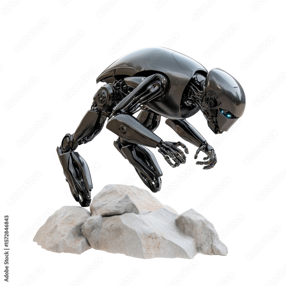 Poster futuristic robot leaping over rocks showcasing advanced mechanics and sleek design