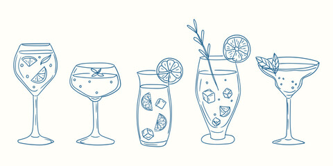 Different types of refreshing beverages served in elegant glassware at a summer gathering
