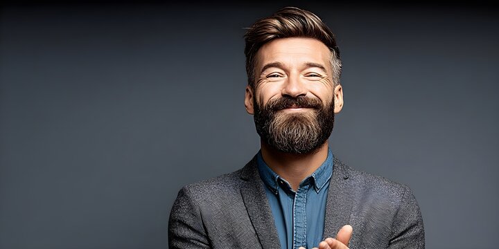 Confident man smiling in a stylish suit against a dark backdrop
