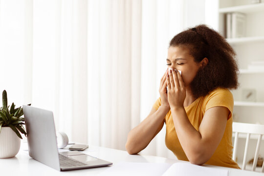 Sick young black woman sneezing or blowing nose while working from home. Seasonal illness or allergy during remote work or study with laptop in cozy environment, copy space