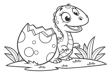 Fototapeta premium Cute vector line art of a baby dinosaur hatching from an egg, coloring page for children, cartoonish, simple black and white lines