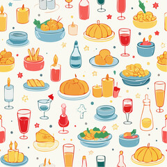 Contemporary minimalist line art banner with food, candles, drinks and decor doodles. Hand drawn dinner party seamless pattern. Coquette ink menu background. Vector graphic