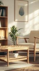 Modern living room interior design with wooden furniture, neutral armchair and abstract art