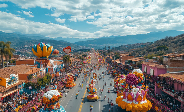 an aerial view of a Feria de las Flores parade, streets filled with participants and floral floats
