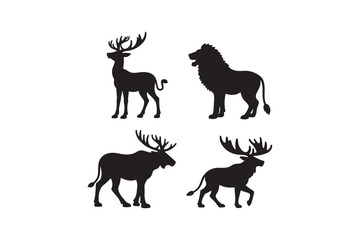 Collection of silhouetted wild animals including deer moose and lion