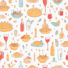 Contemporary minimalist line art banner with food, candles, drinks and decor doodles. Hand drawn dinner party seamless pattern. Coquette ink menu background. Vector graphic