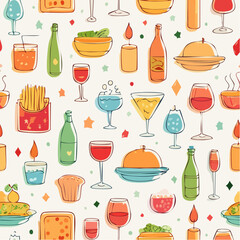 Contemporary minimalist line art banner with food, candles, drinks and decor doodles. Hand drawn dinner party seamless pattern. Coquette ink menu background. Vector graphic
