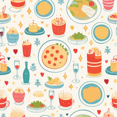 Contemporary minimalist line art banner with food, candles, drinks and decor doodles. Hand drawn dinner party seamless pattern. Coquette ink menu background. Vector graphic