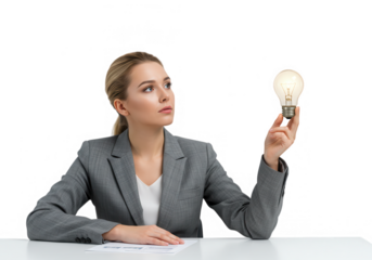 A blonde woman holding a light bulb looks up with a thoughtful expression isolated on transparent background