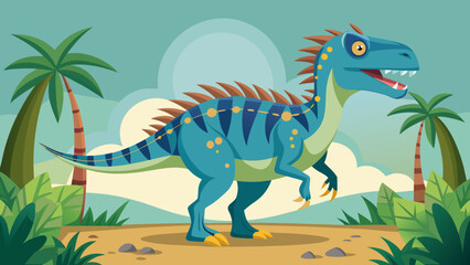 Cute blue cartoon dinosaur with spikes and yellow spots in a prehistoric jungle