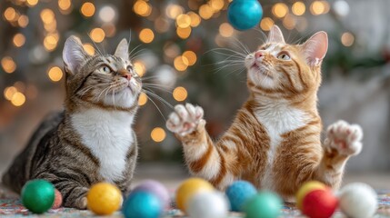 Two playful cats interacting with colorful balls on a light wooden floor in bright indoor lighting.