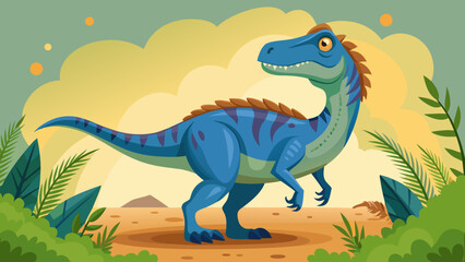 Cute blue dinosaur standing in a prehistoric jungle with lush green plants