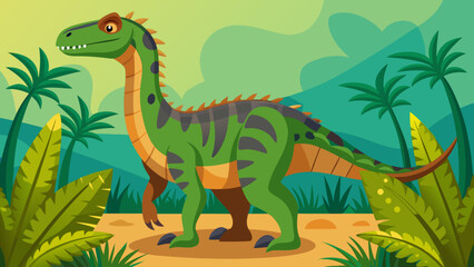 Green cartoon dinosaur standing in a prehistoric jungle with palm trees