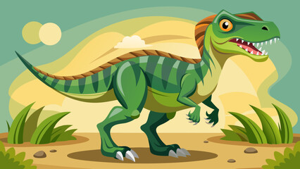 Obraz premium A cartoon green dinosaur with sharp teeth and claws walks through a prehistoric landscape