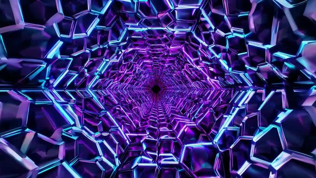 A mesmerizing journey through a vividly colored geometric tunnel showcases dynamic patterns hypnosis and striking neon hues, inviting viewers into a captivating visual experience