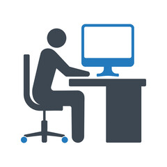 Office worker icon. Working on computer at desk icon