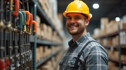Confident male construction worker in yellow hard hat and safety vest stands in tool storage area, surrounded by various tools and equipment, demonstrating readiness for work 