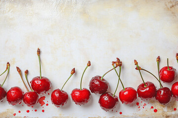 Fresh cherry berries border with glossy skins and copy space, realistic fruit background for food or seasonal designs