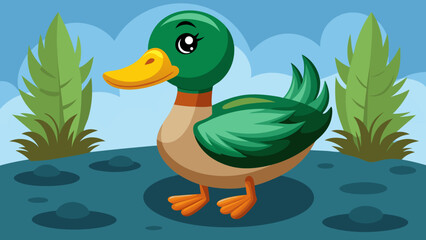 Obraz premium Cute cartoon mallard duck standing in a pond with plants and clouds