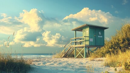 Serene Coastal Escape: A Turquoise Beach Hut Under a Cloudy Sky