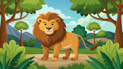 Naklejka premium Cute cartoon lion standing in a lush green jungle with trees and mountains