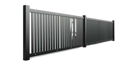 A modern black metal fence stands isolated against a transparent background, providing security and defining property boundaries with its sleek design