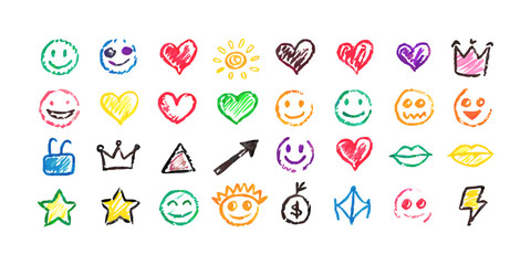 Smile doodle emoji faces in hand drawn vector doodle sketchy style. Happy, sad, crying emotional scribbles, comic elements for business design.