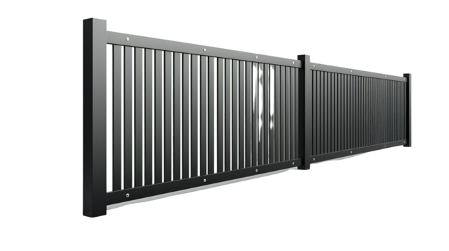 A modern black metal fence stands isolated against a transparent background, providing security and defining property boundaries with its sleek design