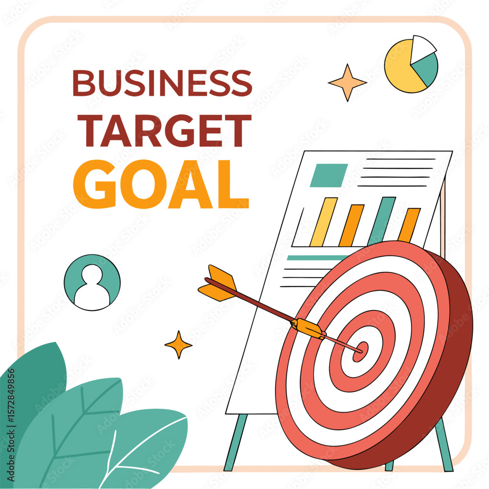 Poster business target goal with arrow hitting the center of the target and chart with pie chart and leaves
