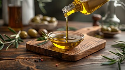 Pouring high quality olive oil onto a wooden cutting board for cooking and food preparation uses