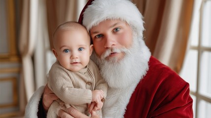 Obraz premium Santa Claus holding a baby in his arms indoors with festive holiday decorations and warm lighting.