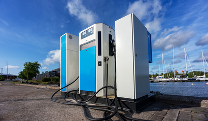 Boat fuel station with gasoline and diesel pumps.