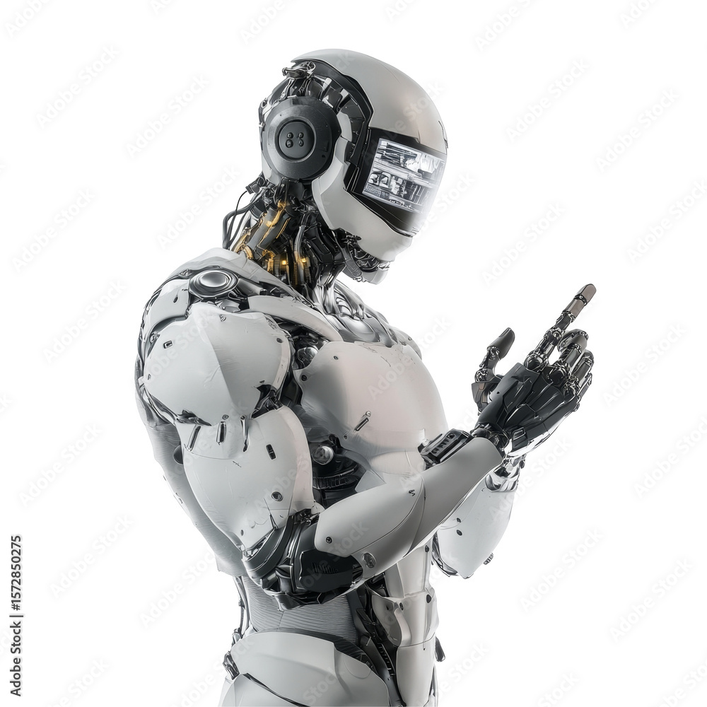 Poster futuristic humanoid robot with advanced features and metallic body components in technology concept