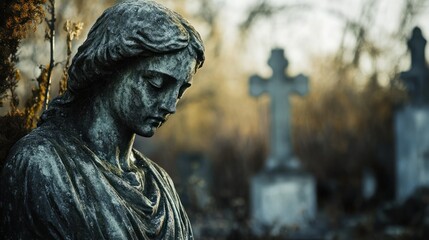 A Weeping Angel in a Cemetery at Dusk