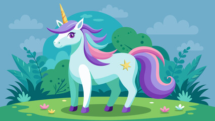 Fototapeta premium Cute cartoon unicorn with purple and pink mane standing in a magical forest