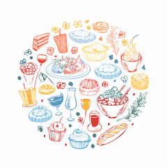 Set of hand drawn whimsical illustrations of food and drinks. Doodle drawings of italian and french food, cocktails, flowers and decor. Coquette line art in vintage style. Vector design