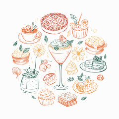 Set of hand drawn whimsical illustrations of food and drinks. Doodle drawings of italian and french food, cocktails, flowers and decor. Coquette line art in vintage style. Vector design