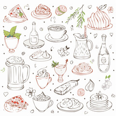 Set of hand drawn whimsical illustrations of food and drinks. Doodle drawings of italian and french food, cocktails, flowers and decor. Coquette line art in vintage style. Vector design