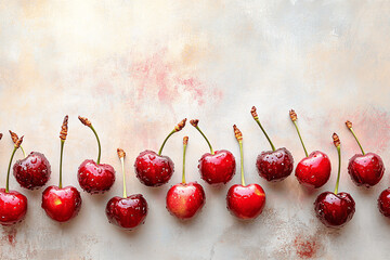 Fresh cherry berries border with glossy skins and copy space, realistic fruit background for food or seasonal designs