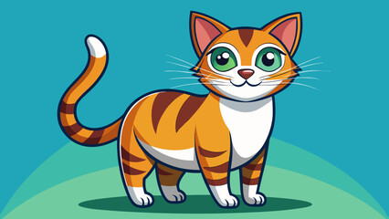 Fototapeta premium Cute cartoon orange tabby cat with green eyes standing on a teal background