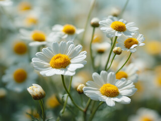 Fototapeta premium Chamomile Flowers with Yellow Centers in Sharp Close-Up